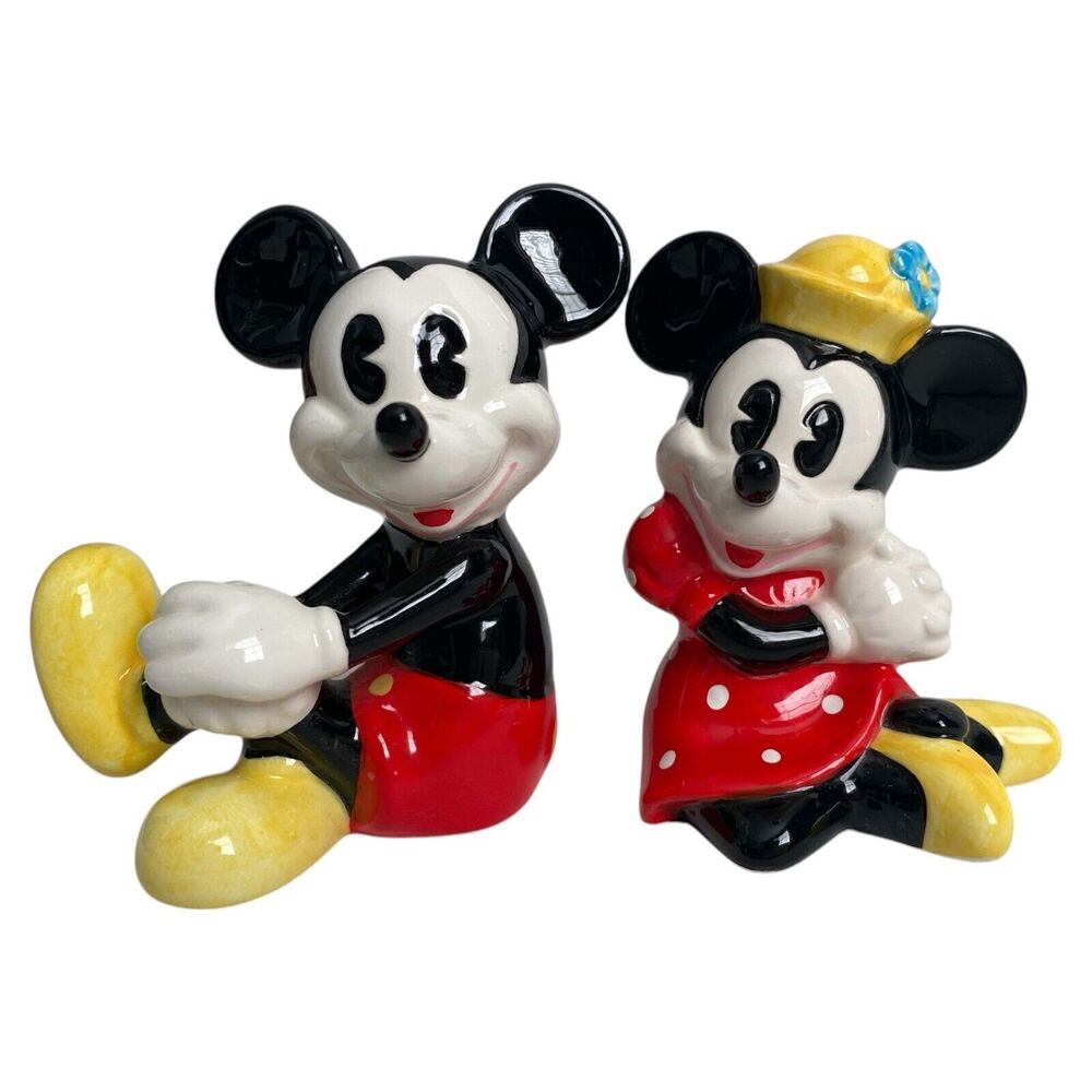 Vintage Disney Malaysia Mickey & Minnie Mouse Sitting Ceramic Figurines Set of 2